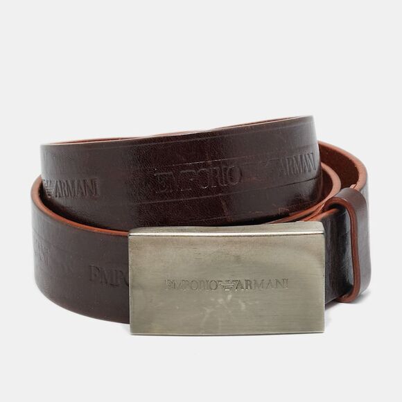 Emporio Armani Logo Plaque 46 Buckle Belt Brown Leather